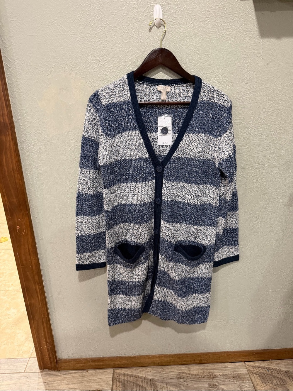 LOGO by Lori Goldstein Navy and Cream Striped Button-Front Cardigan Long Size S